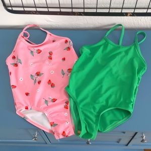 Pair of toddler girls' green & pink strawberry bathing suits; Old Navy, size 5t